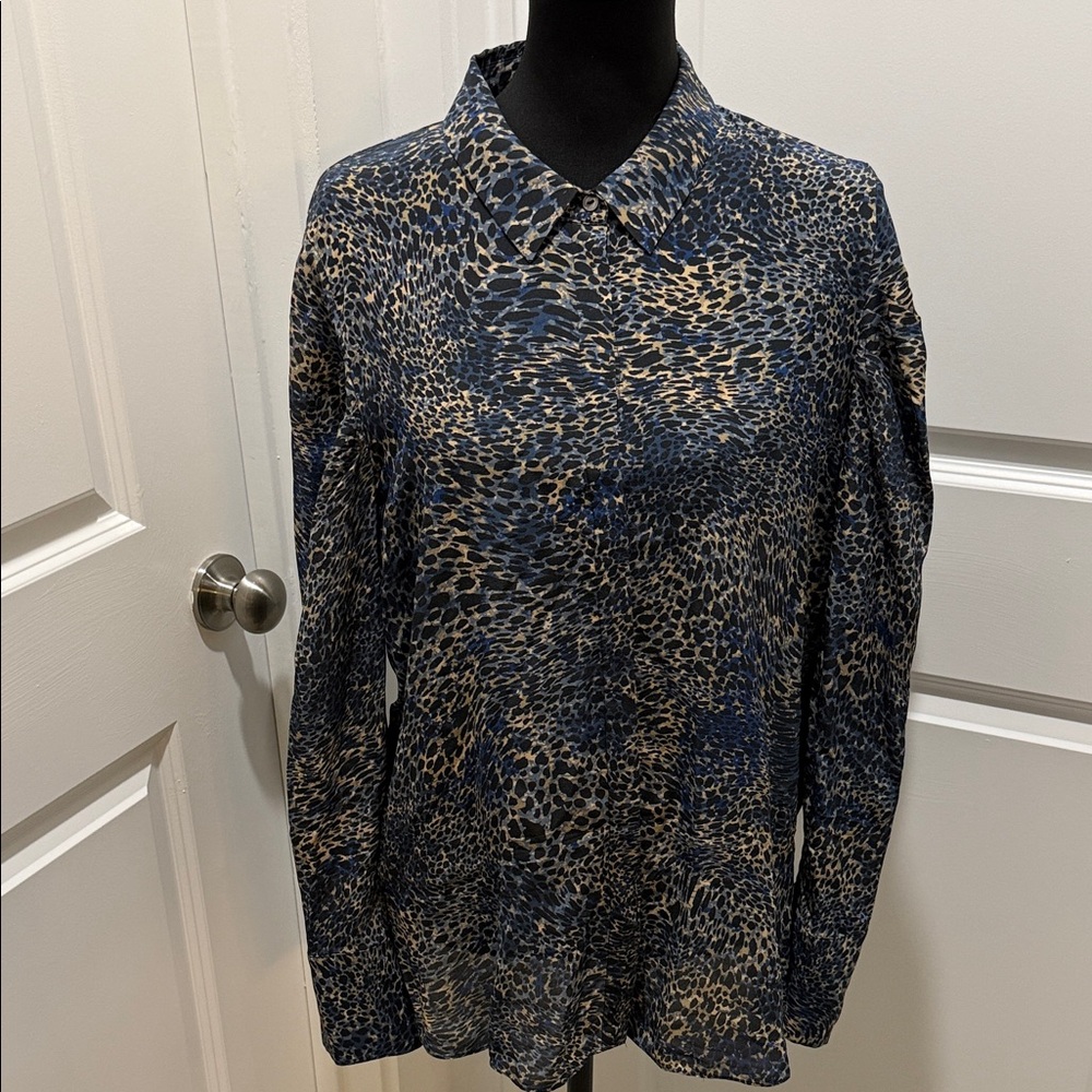 Kobi Halperin Navy and Tan Animal Print Button-Down Blouse